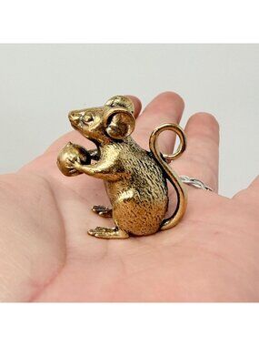 Brass Mouse Golden Orb Figurine Spirit Animal Lucky Prosperity Charm Altar Decor